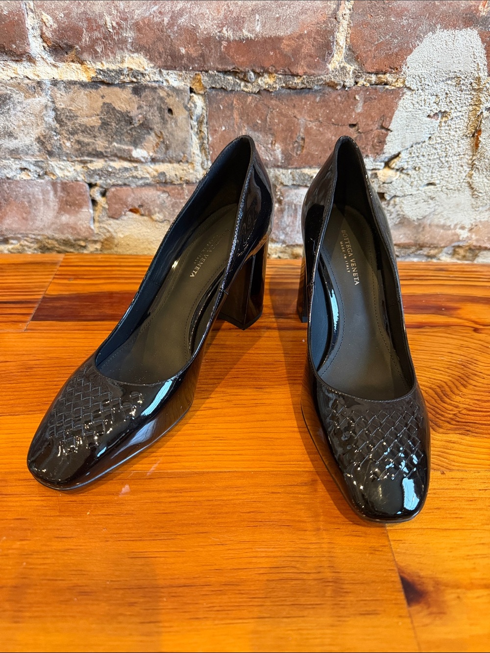 Bottega Veneta Black Patent Woven Block Heel Pumps